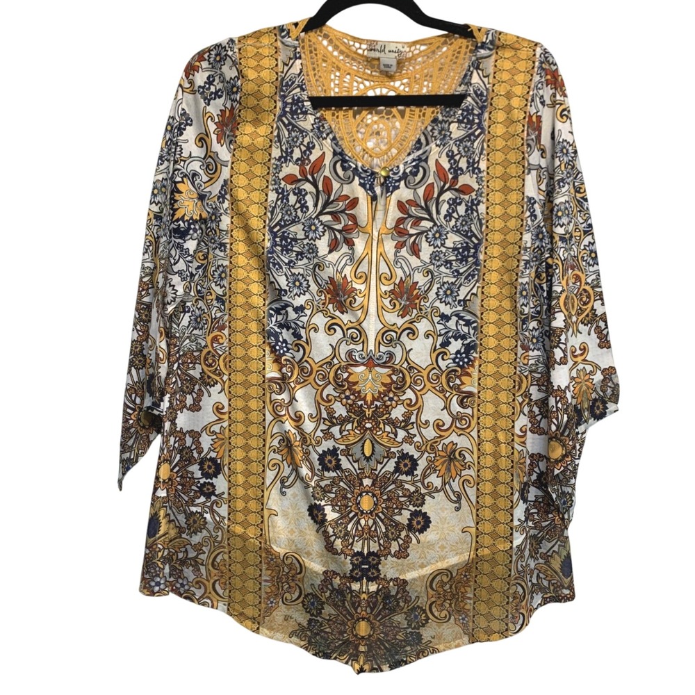 World Unity Medallion Print Top Medium‎ Mustard Yellow Crochet Lace Boho Paisley